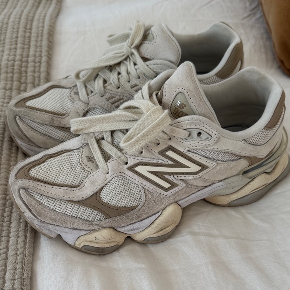 New Balance 9060 Cream and Tan Athletic Shoes - Picture 1 of 6